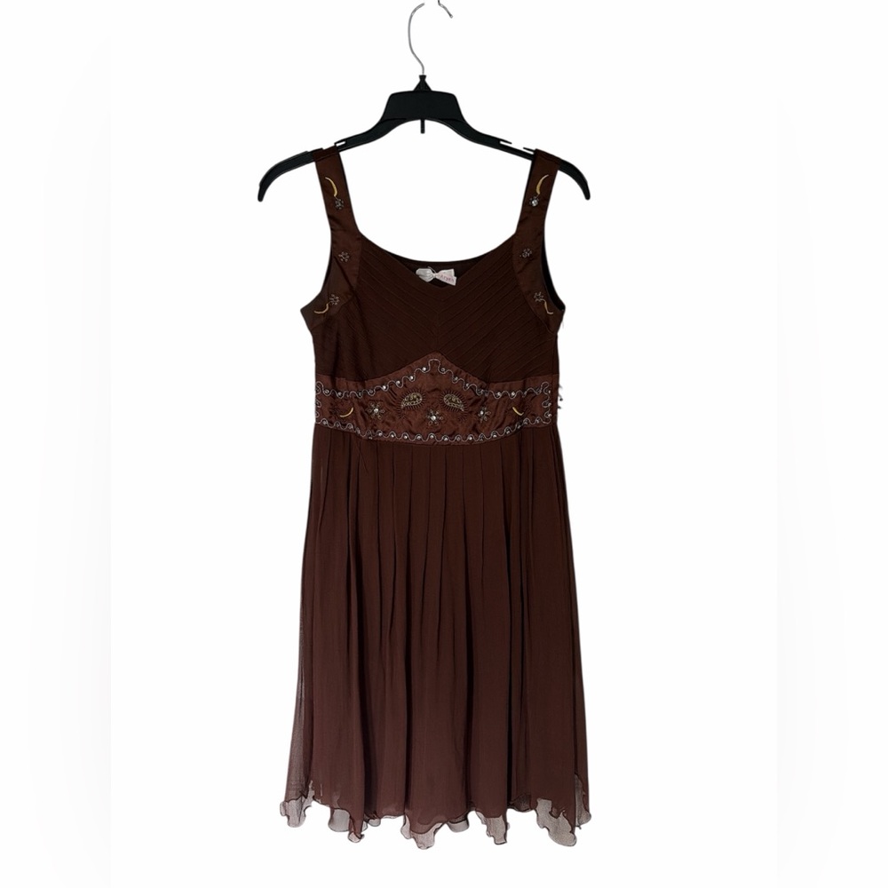 Brown fairycore silk dress with‎ embroidery